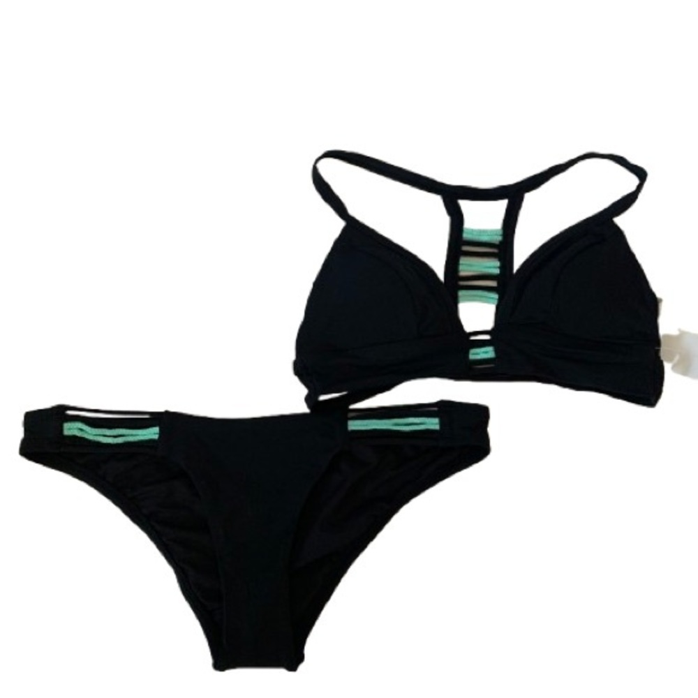 NWT. UNBRANDED Black and Turquoise Striped Women's Bikini